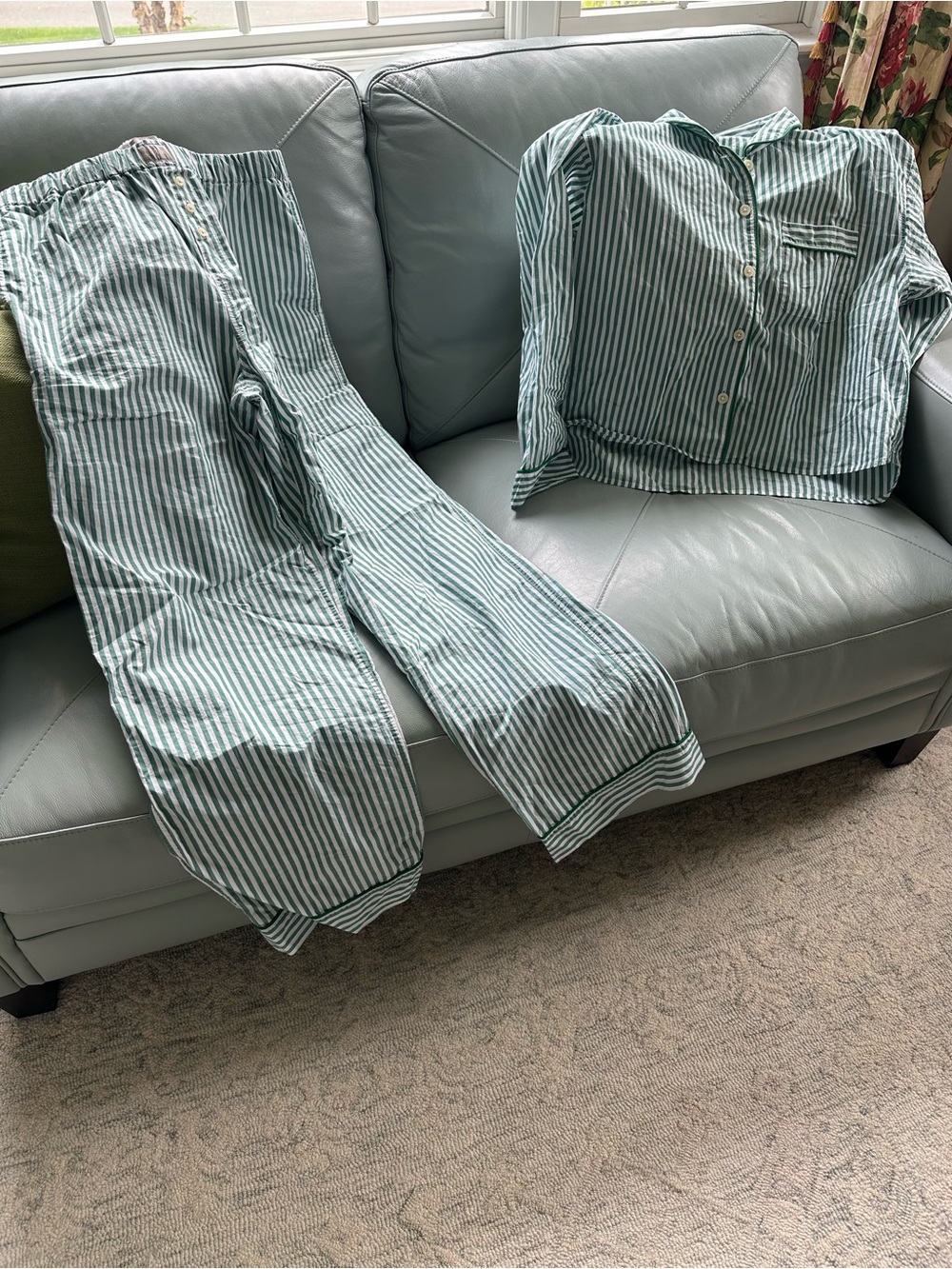 J.Crew Striped Green Pajama Set - Two-Piece Button Top & Pants